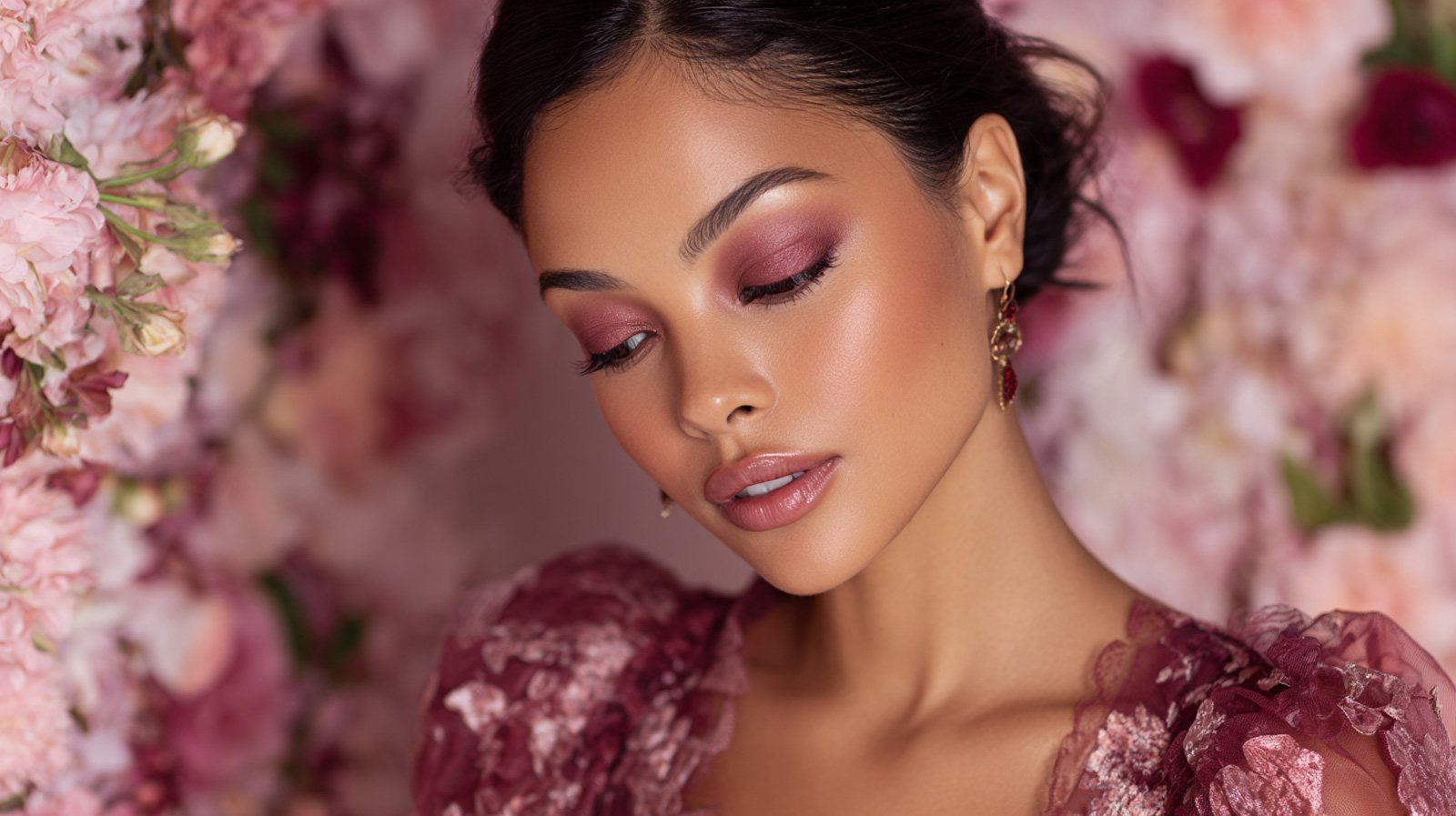 Make-up van Rachel Le Belle tussen roze bloemen
