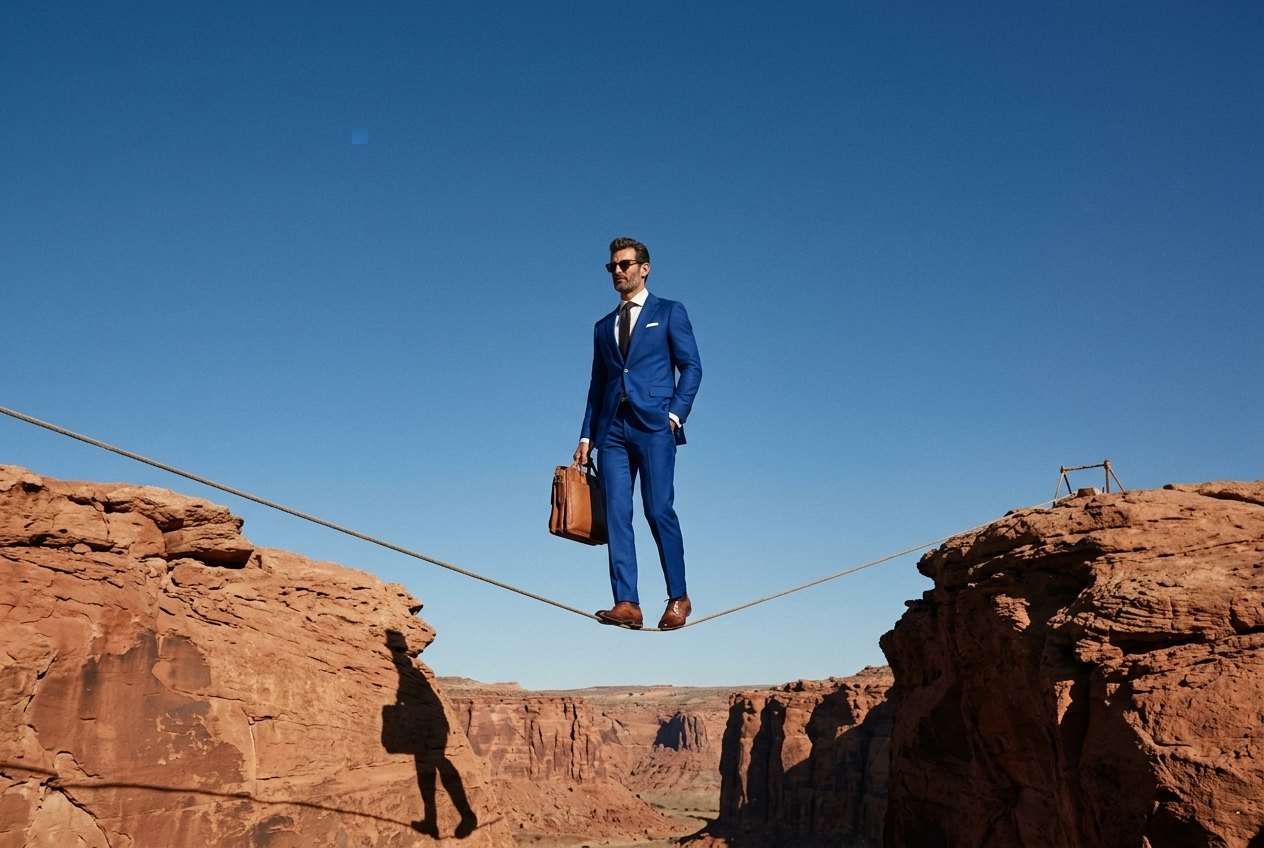 Man in blauw pak loopt kalm over een koord tussen twee rotsen