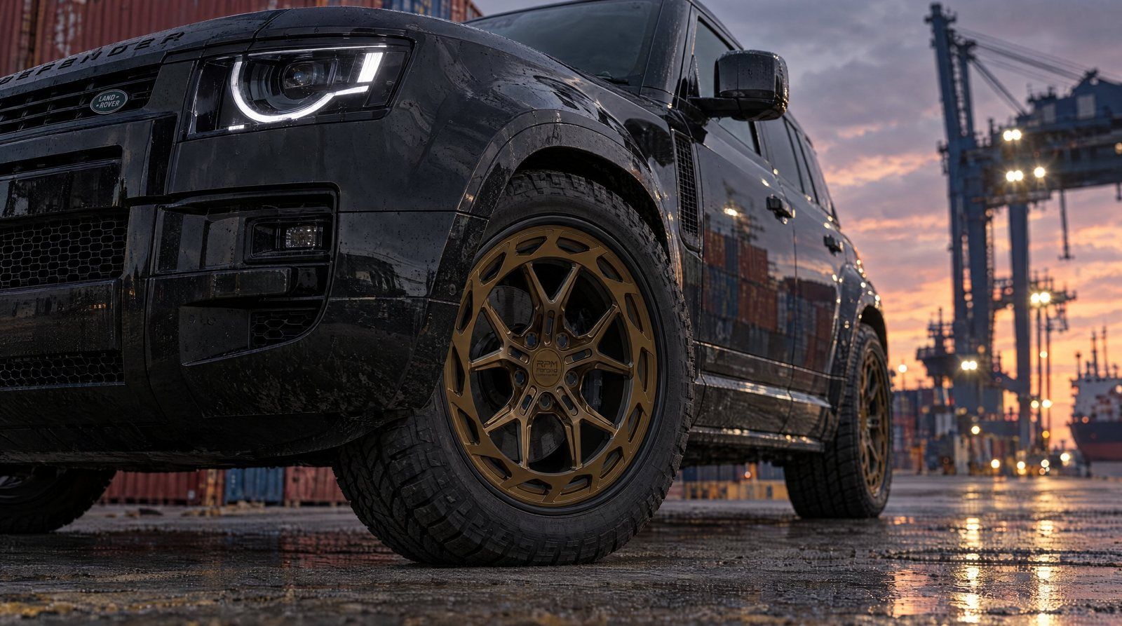 Zwarte Land Rover Defender in de haven