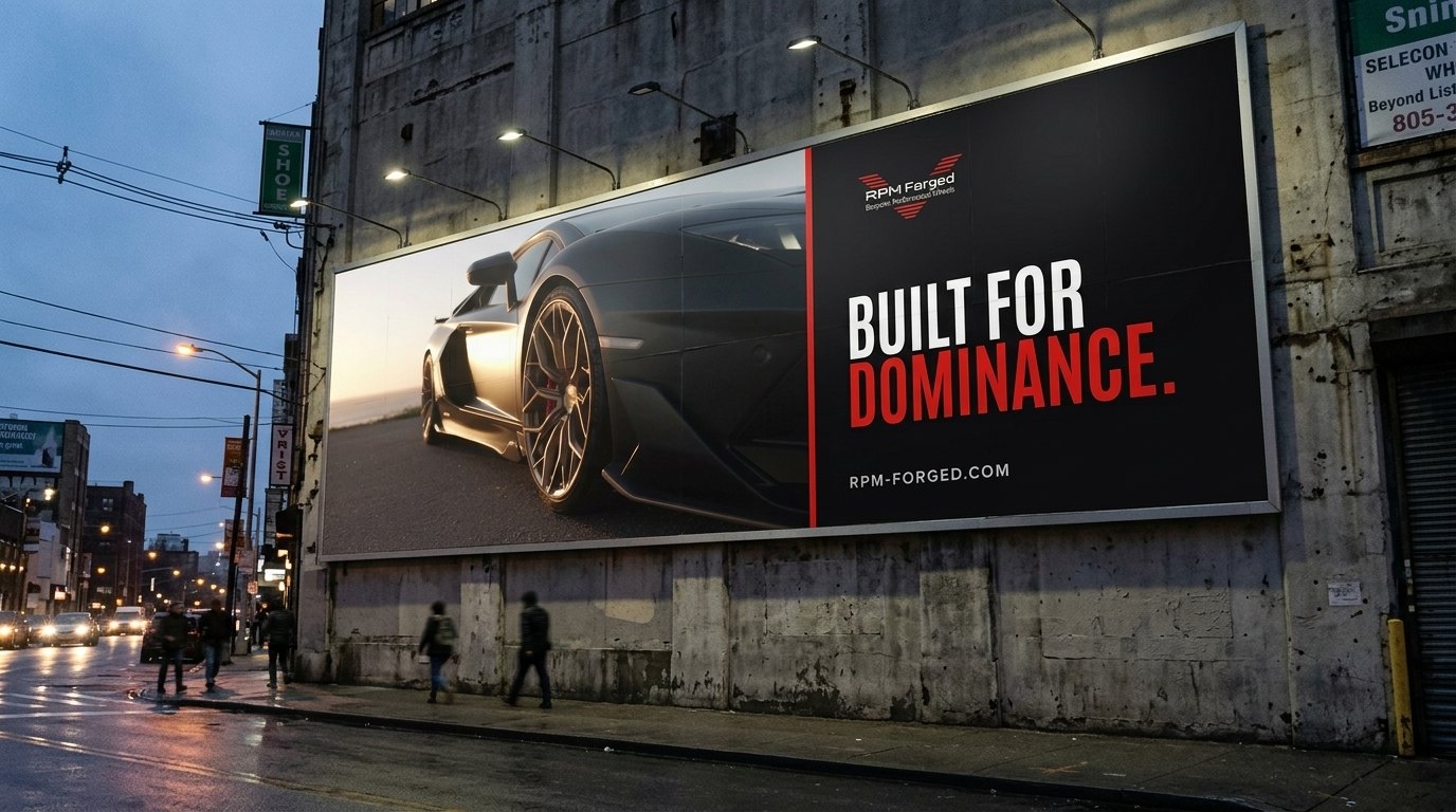 Billboard van RPM Forged aan een gevel in de stad: Built for dominance