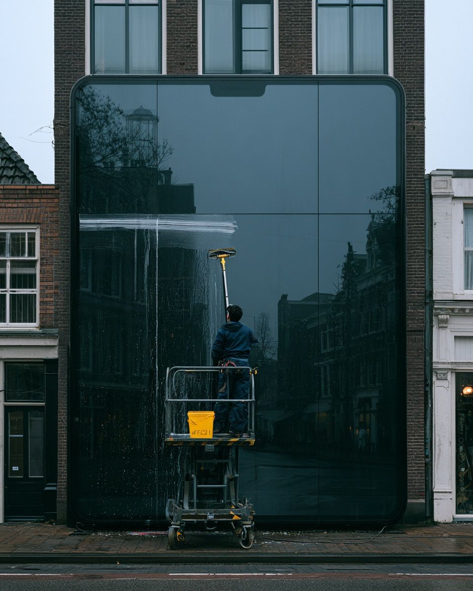 Een glazenwasser poetst een reusachtig telefoonscherm in een Amsterdamse straat
