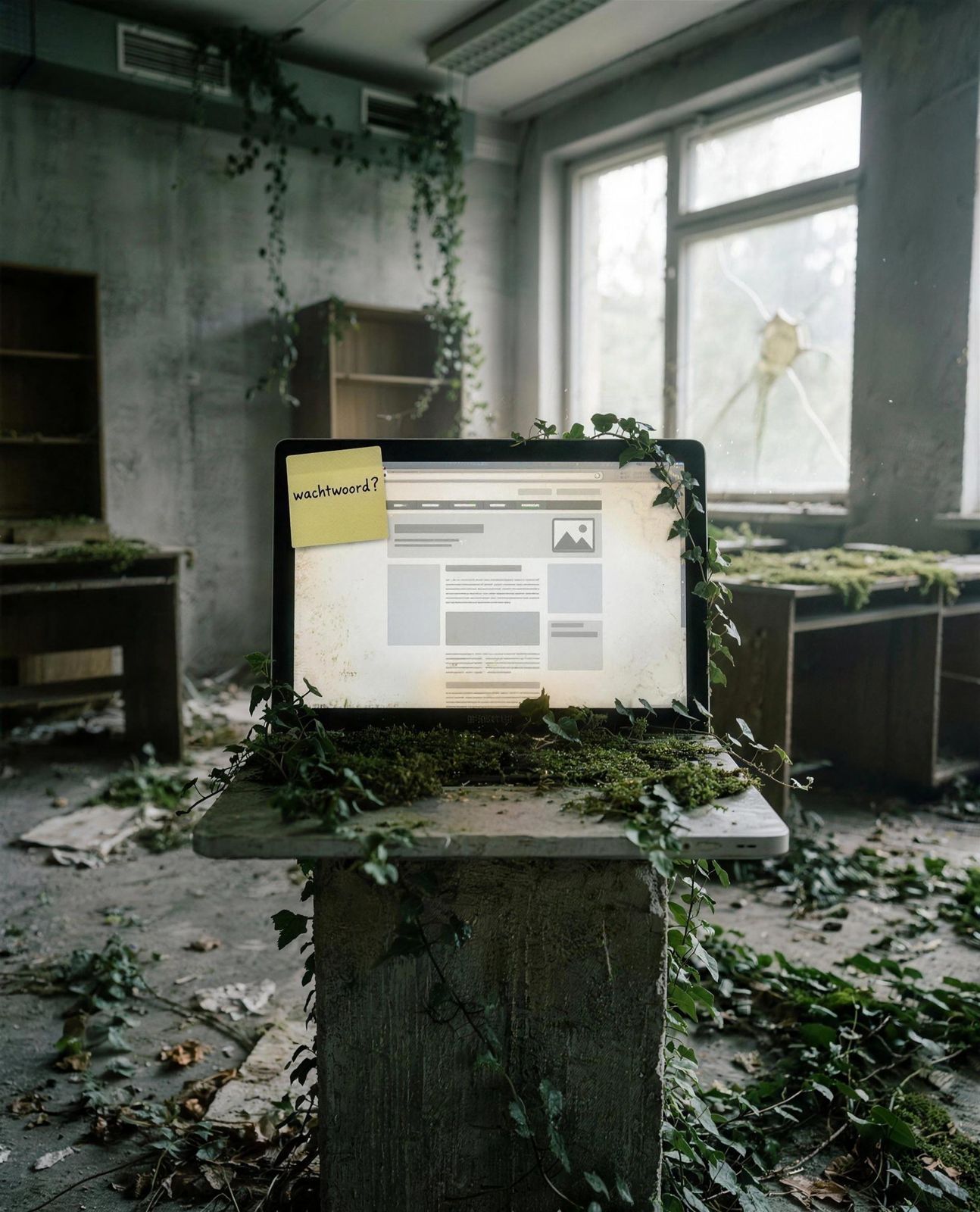 Een vergeten laptop in een verlaten kantoor, overwoekerd door klimop, met een geel briefje: wachtwoord?