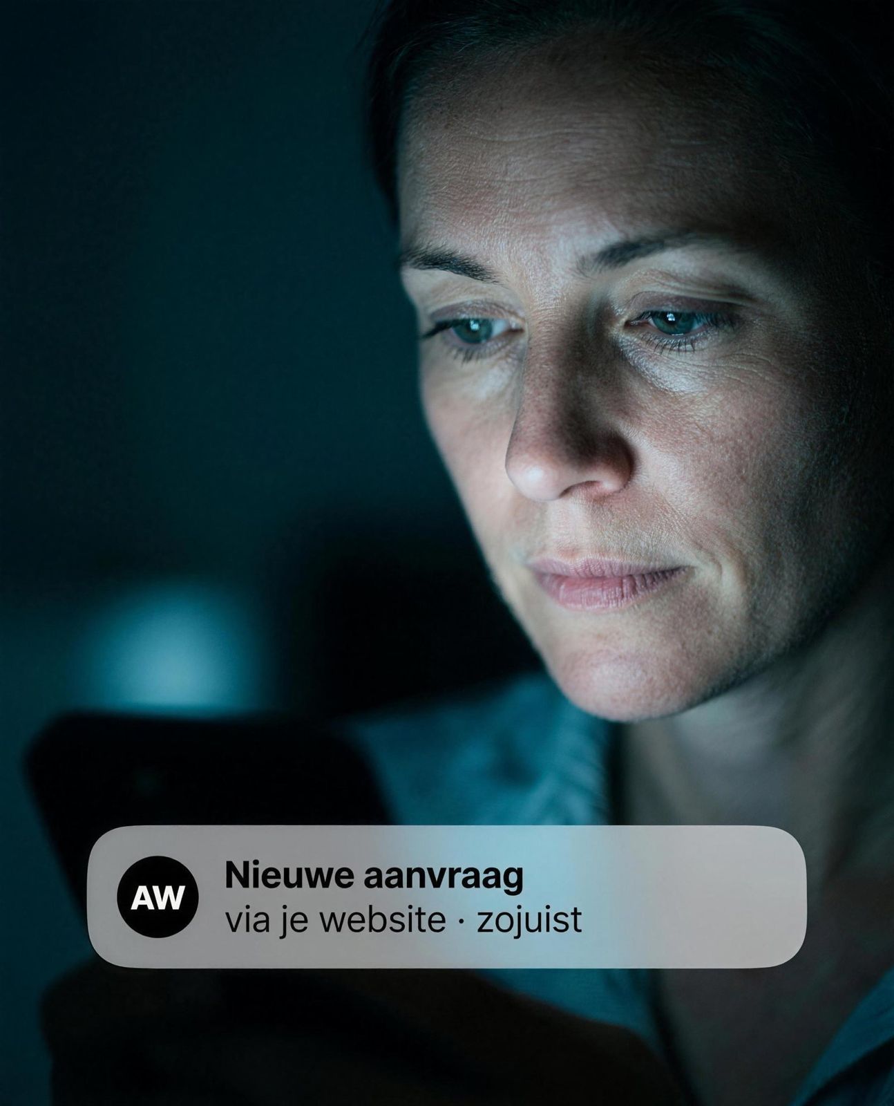 Een ondernemer 's avonds bij haar telefoon: Nieuwe aanvraag, via je website