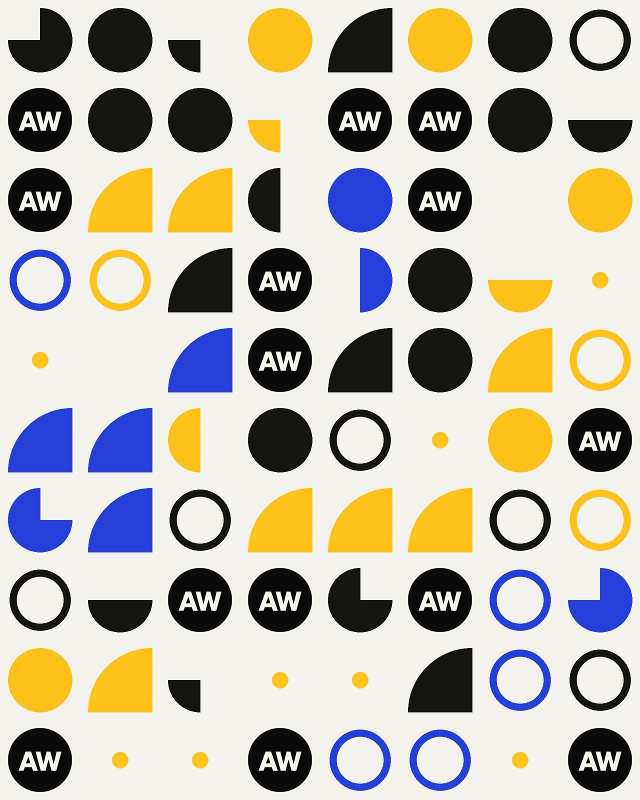 Het merk van Atelier West als patroon van vormen in geel, blauw en zwart