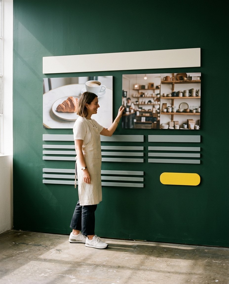 Een bakker schuift zelf de blokken van haar website op een groene muur, met één gele knop